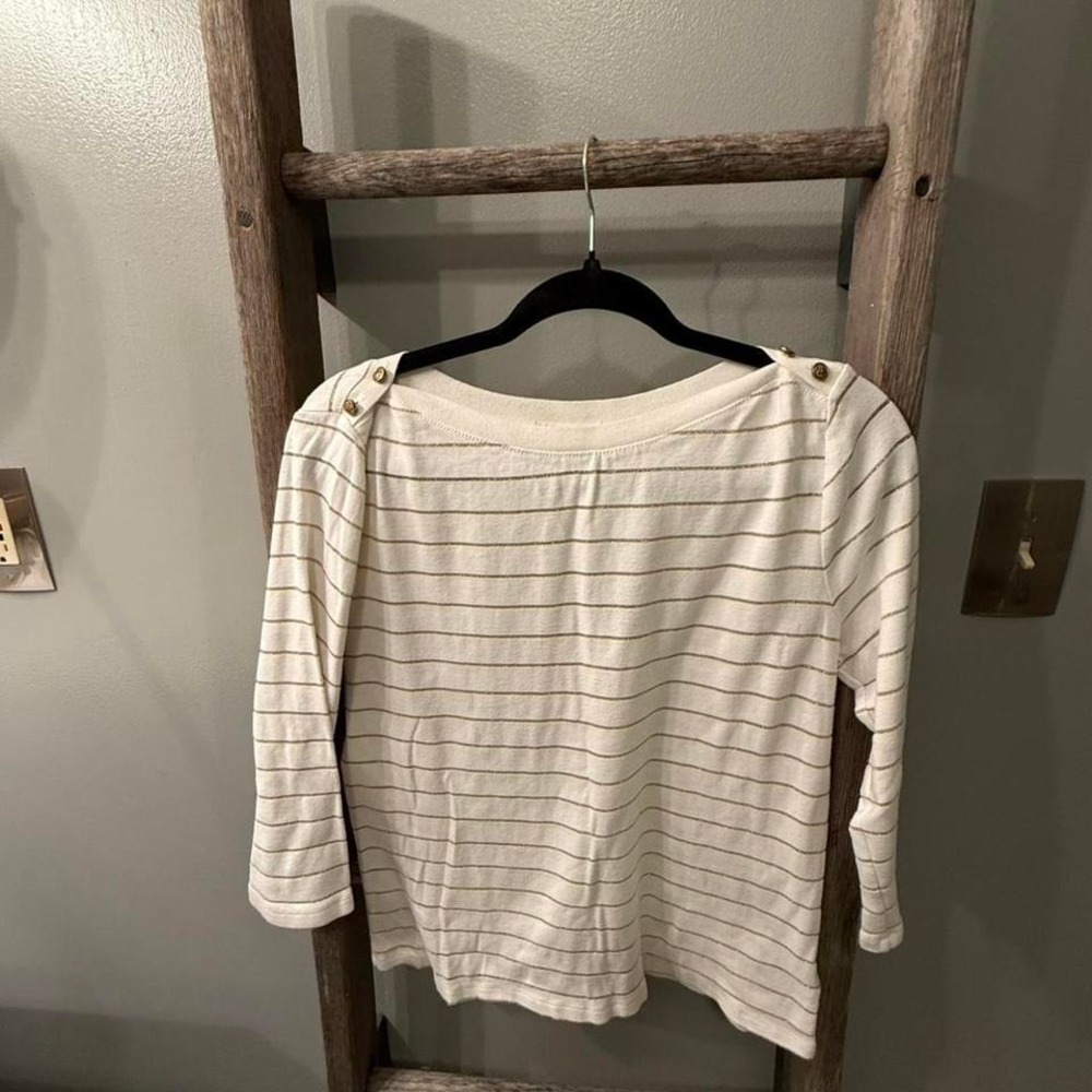 L.R. Lauren Cream and gold striped cotton button shoulder top